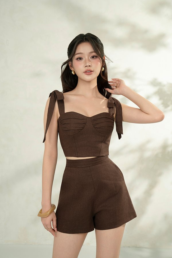 Evita Bustier Top with Ribbon Straps in Roasted Cocoa