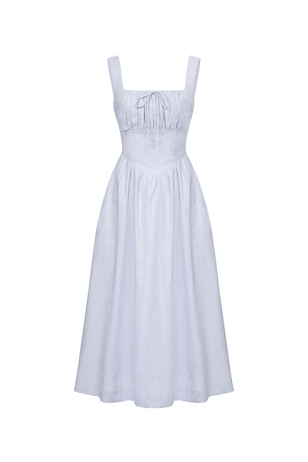 Lucia Padded Milkmaid Midi Dress in Cloud Blue