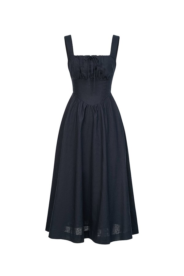 Lucia Padded Milkmaid Midi Dress in Midnight Blue