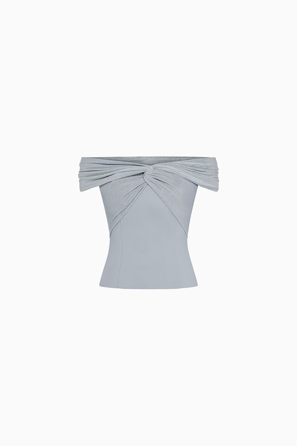 Maelle Padded Twist Off Shoulder Top in Pale Bluish Grey