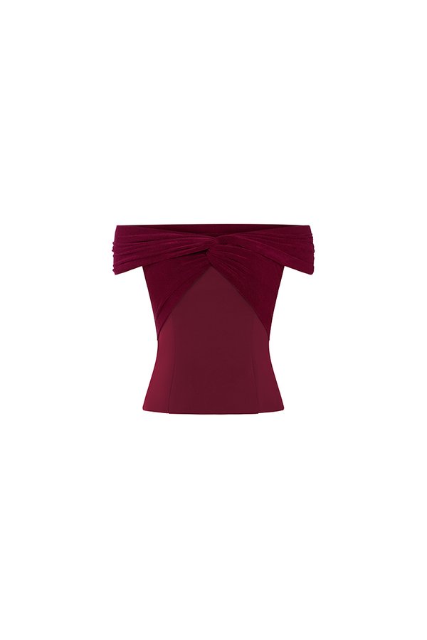 Maelle Padded Twist Off Shoulder Top in Wine Red