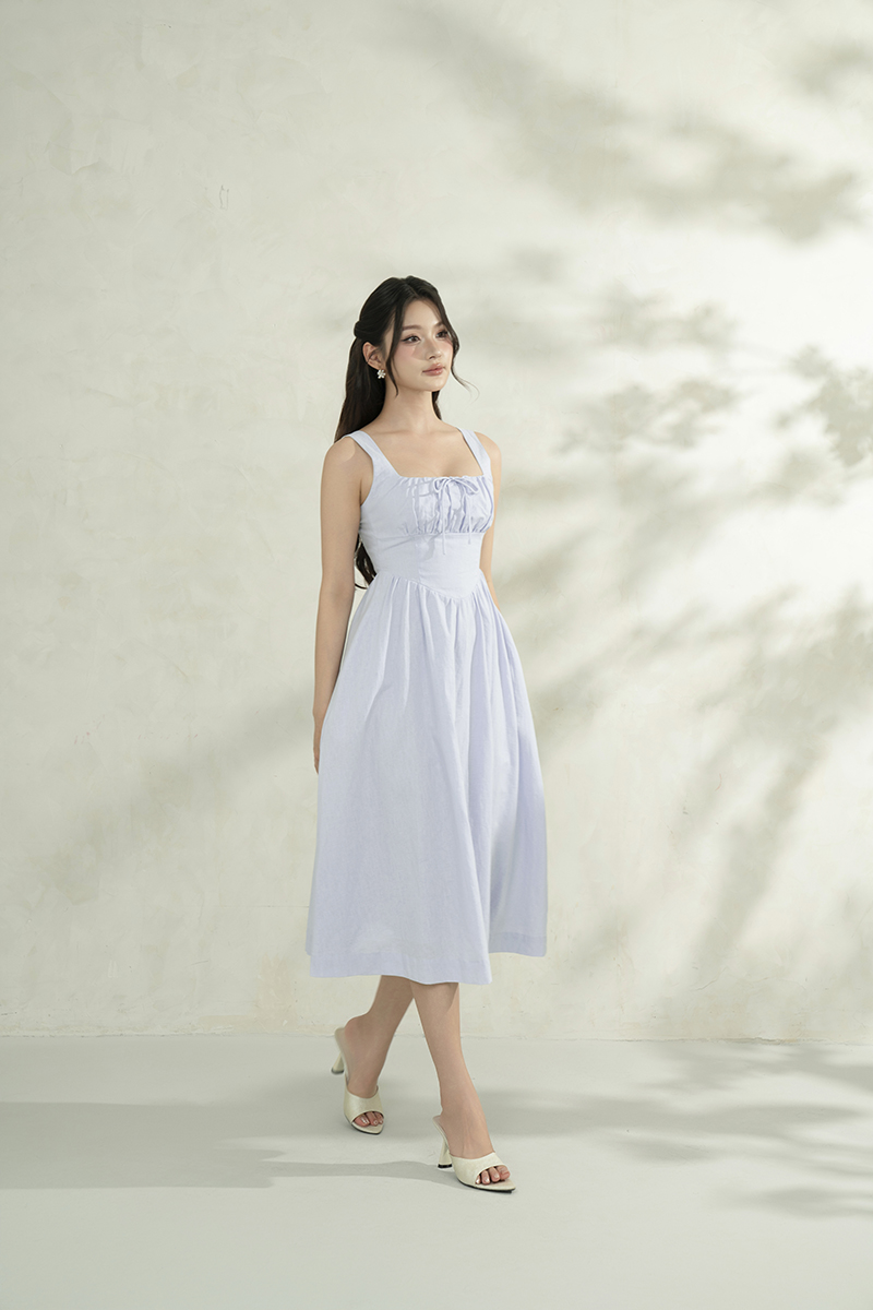 Lucia Padded Milkmaid Midi Dress in Cloud Blue | Chello