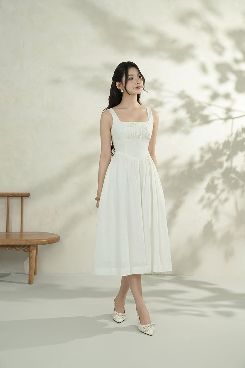 Lucia Padded Milkmaid Midi Dress in Iconic White | Chello