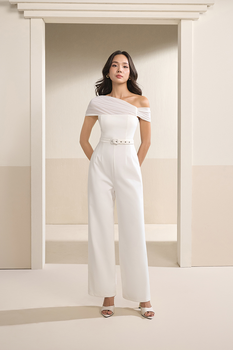 Roux Padded Asymmetrical Jumpsuit in Iconic White | Chello