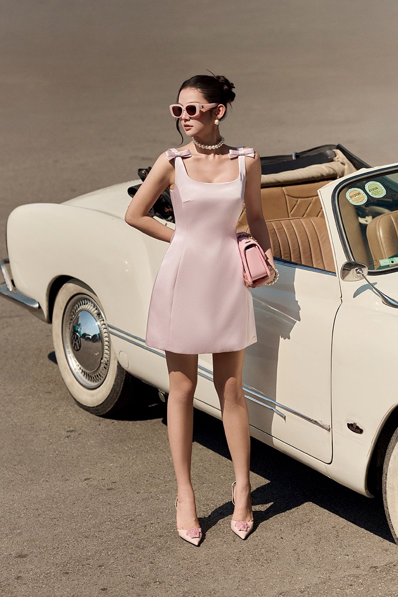 Blanche Padded Bow Straps Mini Dress in Cherry Blossom