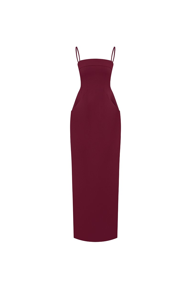 Ad&egrave;le Padded Column Dress in Wine Red