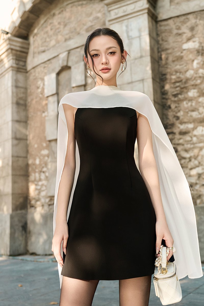 Capucine Padded Neck Sash Mini Dress in Classic Black