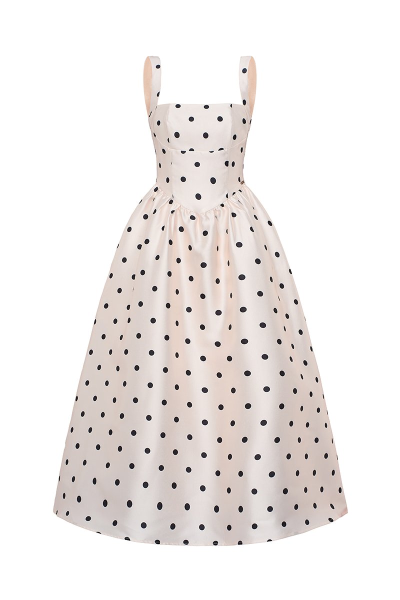 Colette Padded Square Neck Midi Dress in Cream Polka