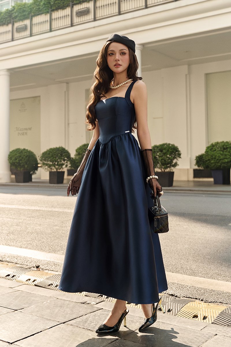 Colette Padded Square Neck Midi Dress in Navy Blue