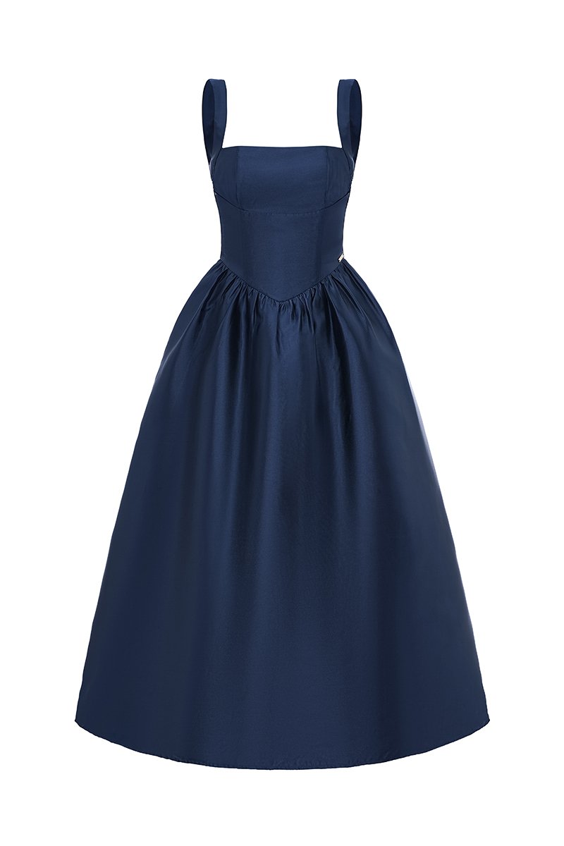 Colette Padded Square Neck Midi Dress in Navy Blue