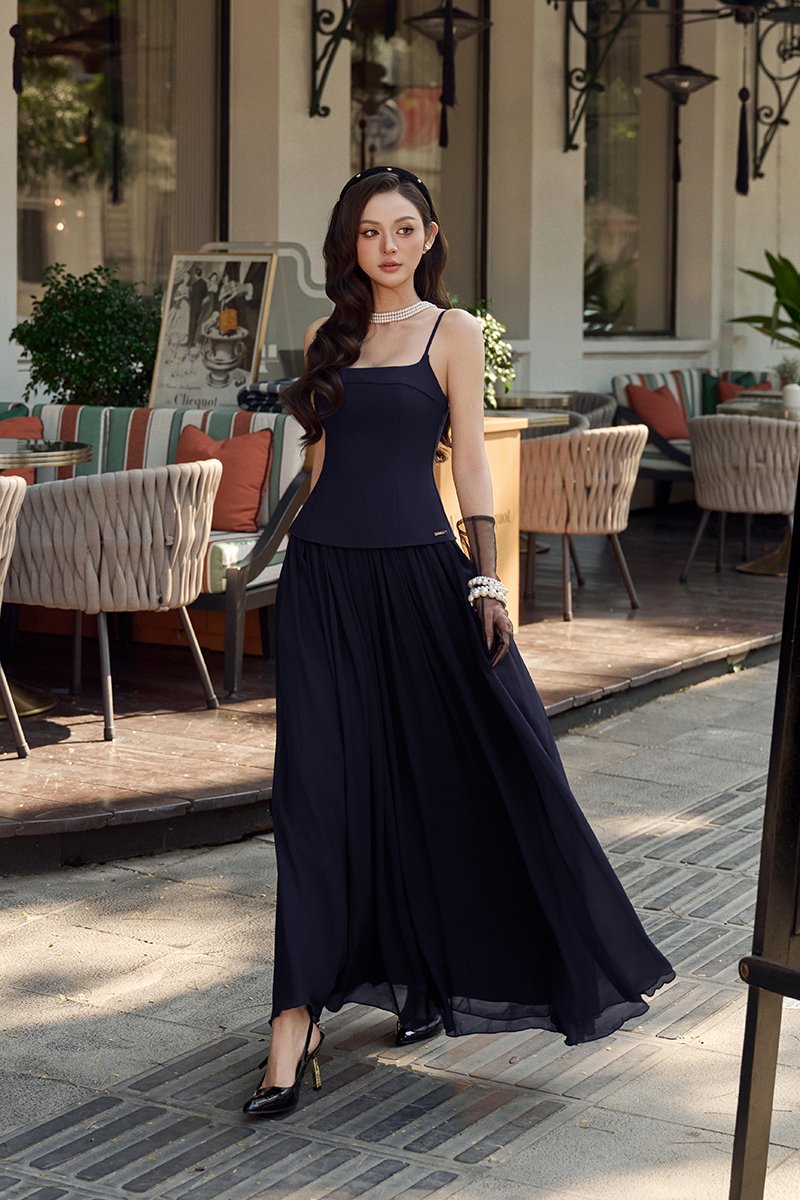 Eleanor Padded Contrast Maxi Dress in Navy Blue