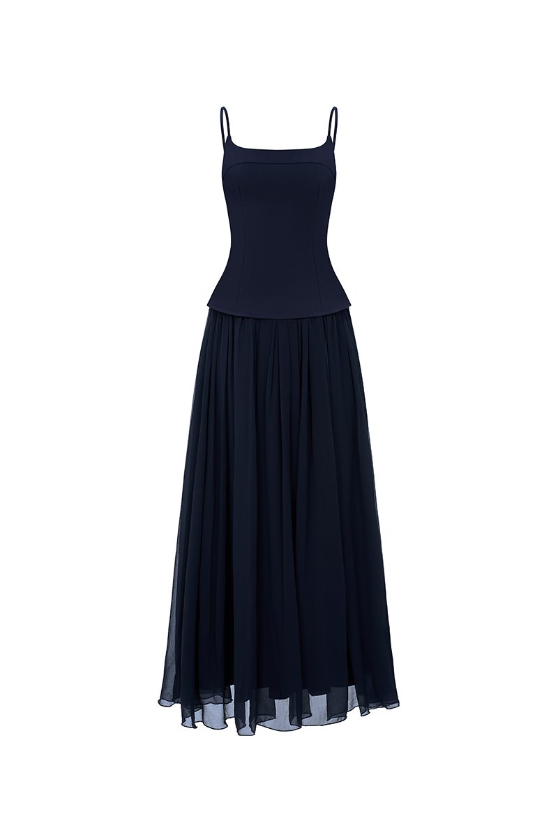 Eleanor Padded Contrast Maxi Dress in Navy Blue