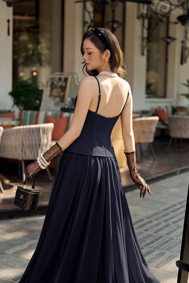 Eleanor Padded Contrast Maxi Dress in Navy Blue