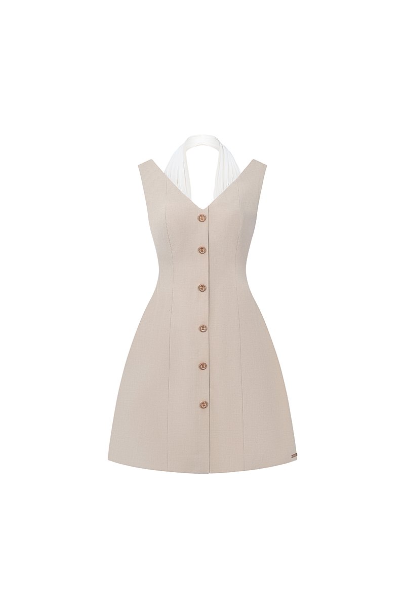 Eug&eacute;nie Padded Draped Halter Dress in Cream Beige