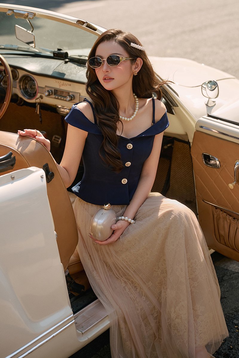 Maelys Pleated Tulle Lace Midi Skirt in Cream Beige