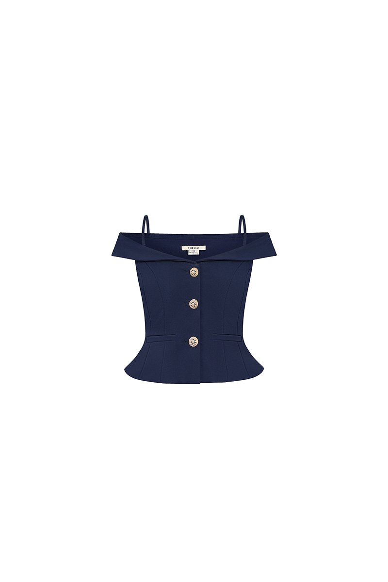 Lou Off Shoulder Peplum Top in Navy Blue