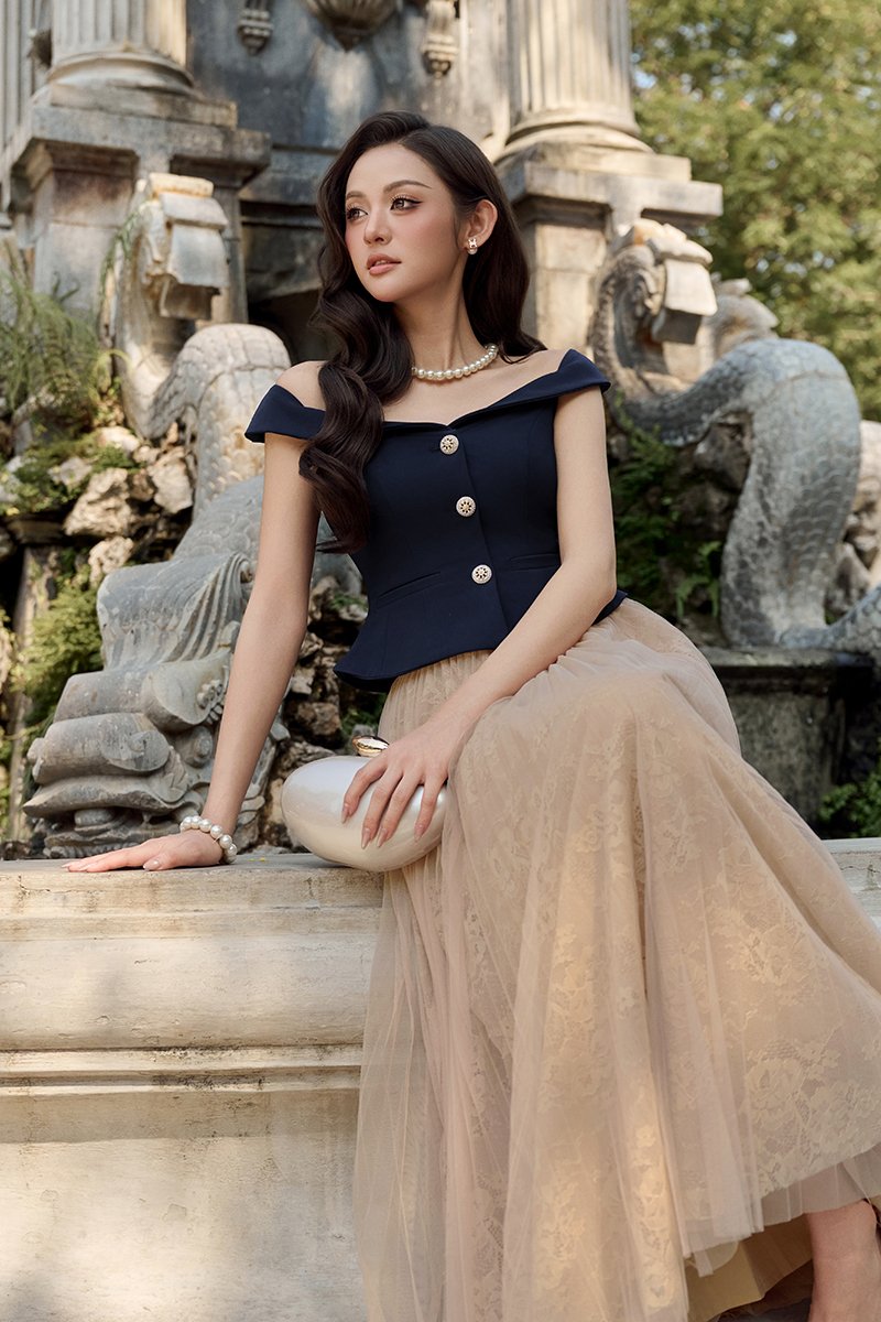 Lou Off Shoulder Peplum Top in Navy Blue