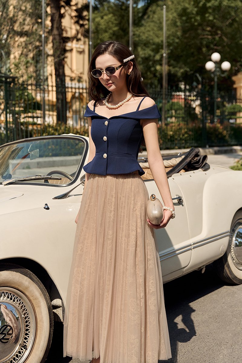 Lou Off Shoulder Peplum Top in Navy Blue