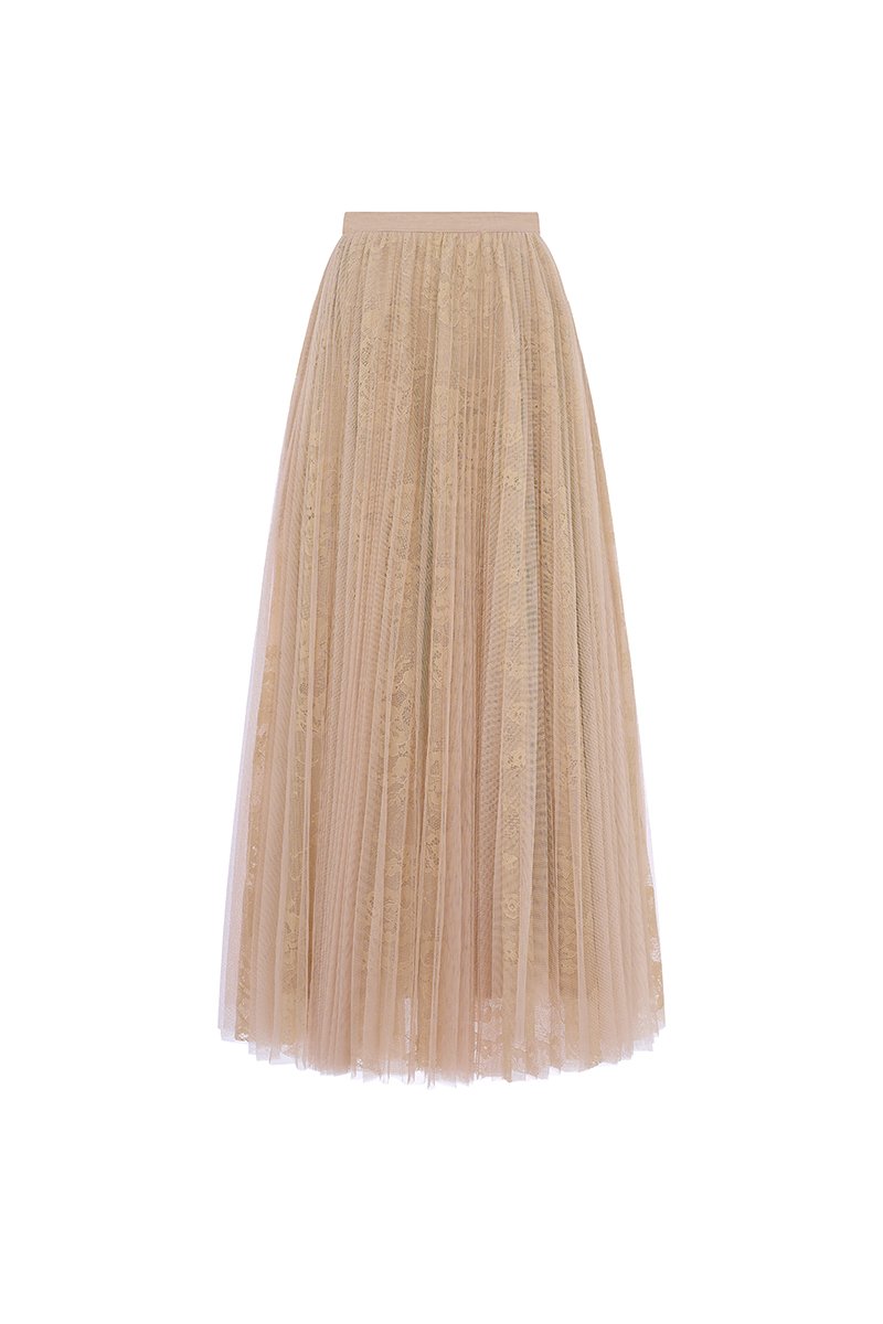 Maelys Pleated Tulle Lace Midi Skirt in Cream Beige