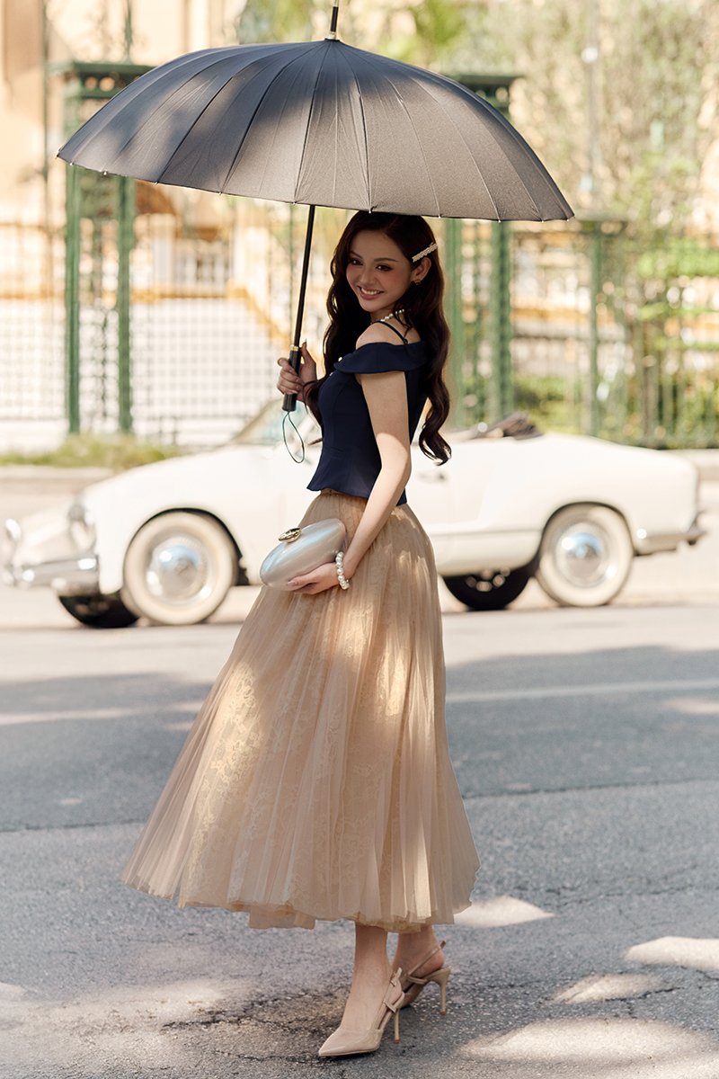 Maelys Pleated Tulle Lace Midi Skirt in Cream Beige