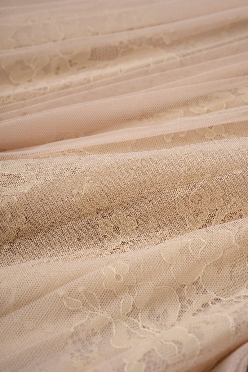 Maelys Pleated Tulle Lace Midi Skirt in Cream Beige