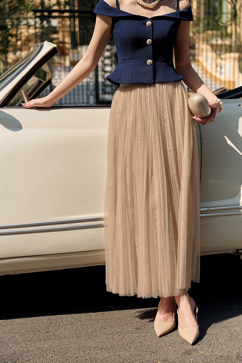 Maelys Pleated Tulle Lace Midi Skirt in Cream Beige