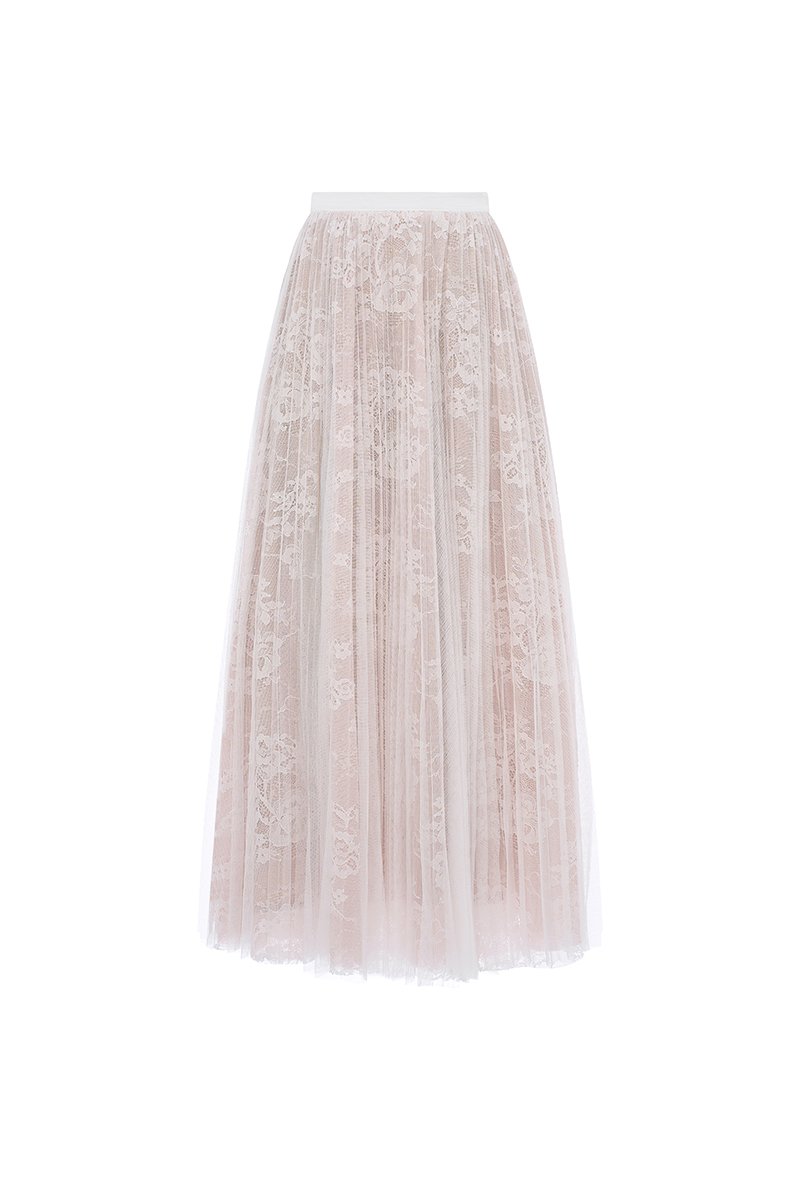 Maelys Pleated Tulle Lace Midi Skirt in Iconic White