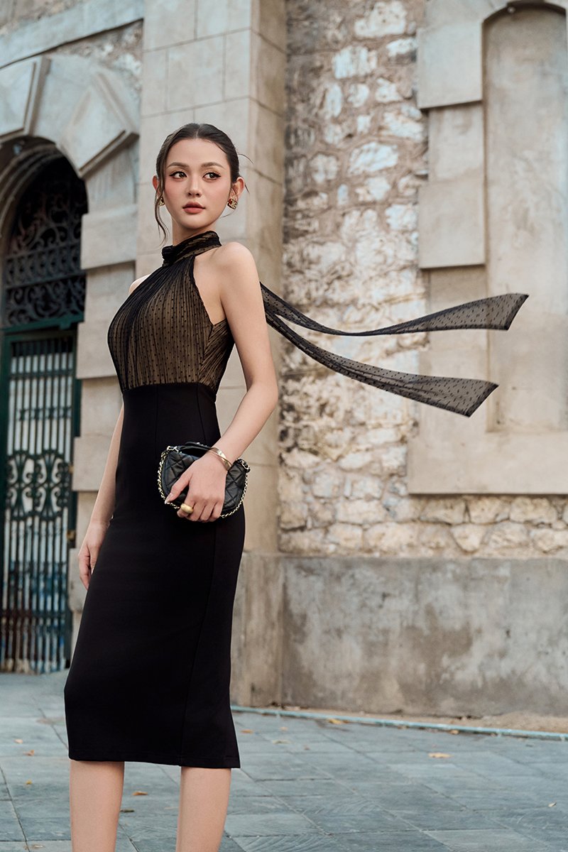 Marienne Padded Halter Pencil Dress in Classic Black