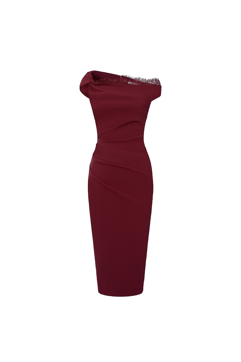Ys&eacute;e Padded Asymmetrical Ruched Pencil Dress in Wine Red