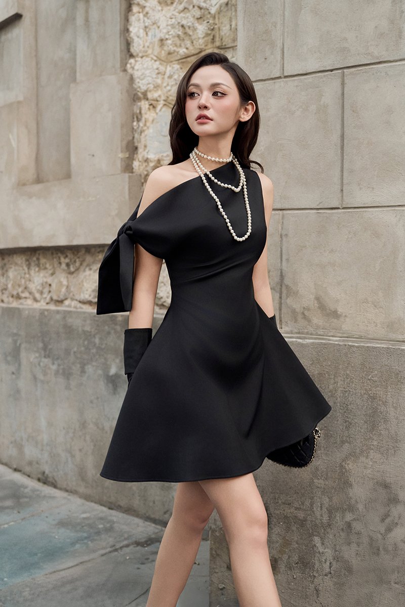 Zelie Padded Asymmetrical Mini Dress in Classic Black