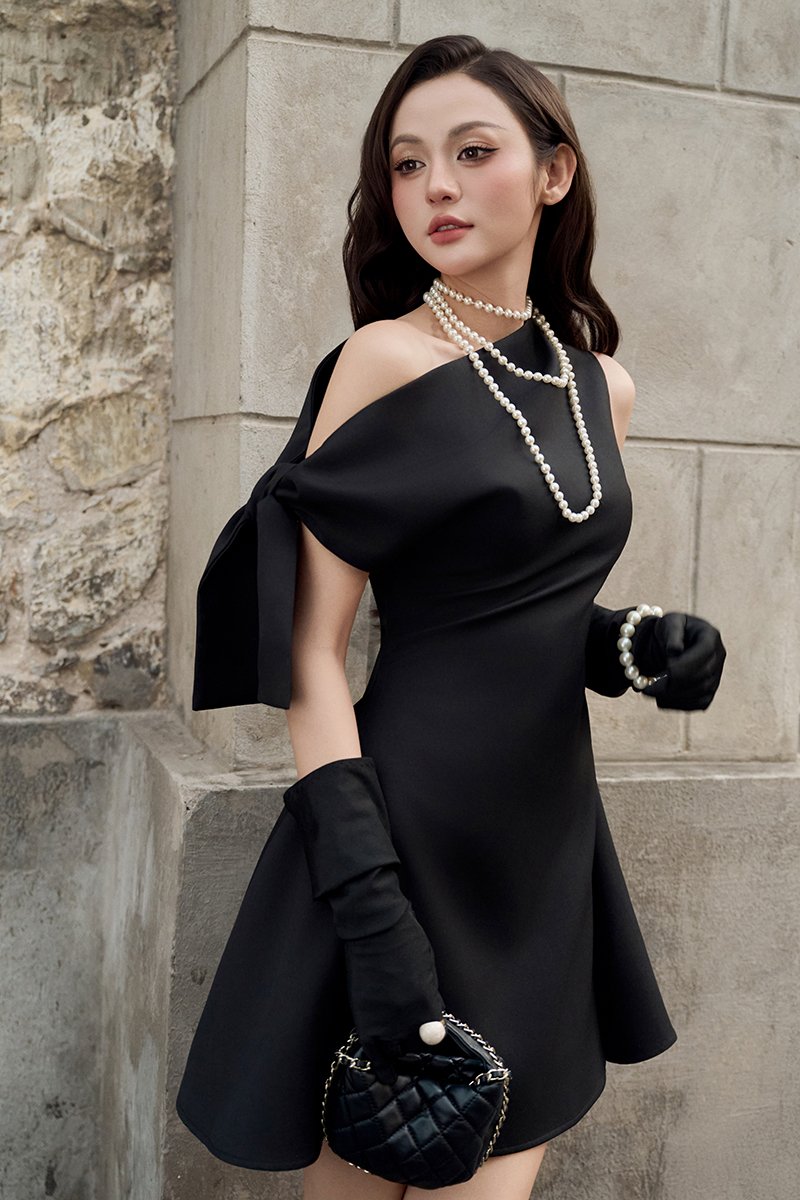 Zelie Padded Asymmetrical Mini Dress in Classic Black