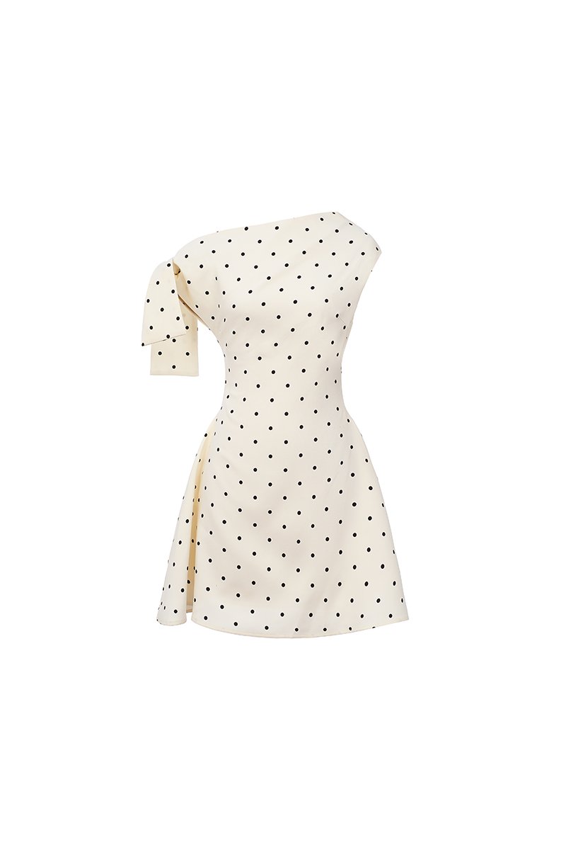 Zelie Padded Asymmetrical Mini Dress in Cream Polka