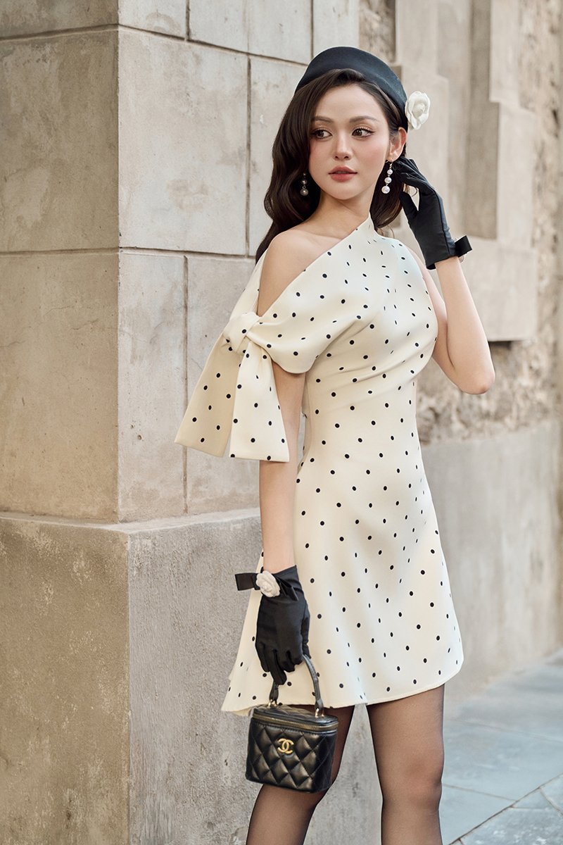 Zelie Padded Asymmetrical Mini Dress in Cream Polka