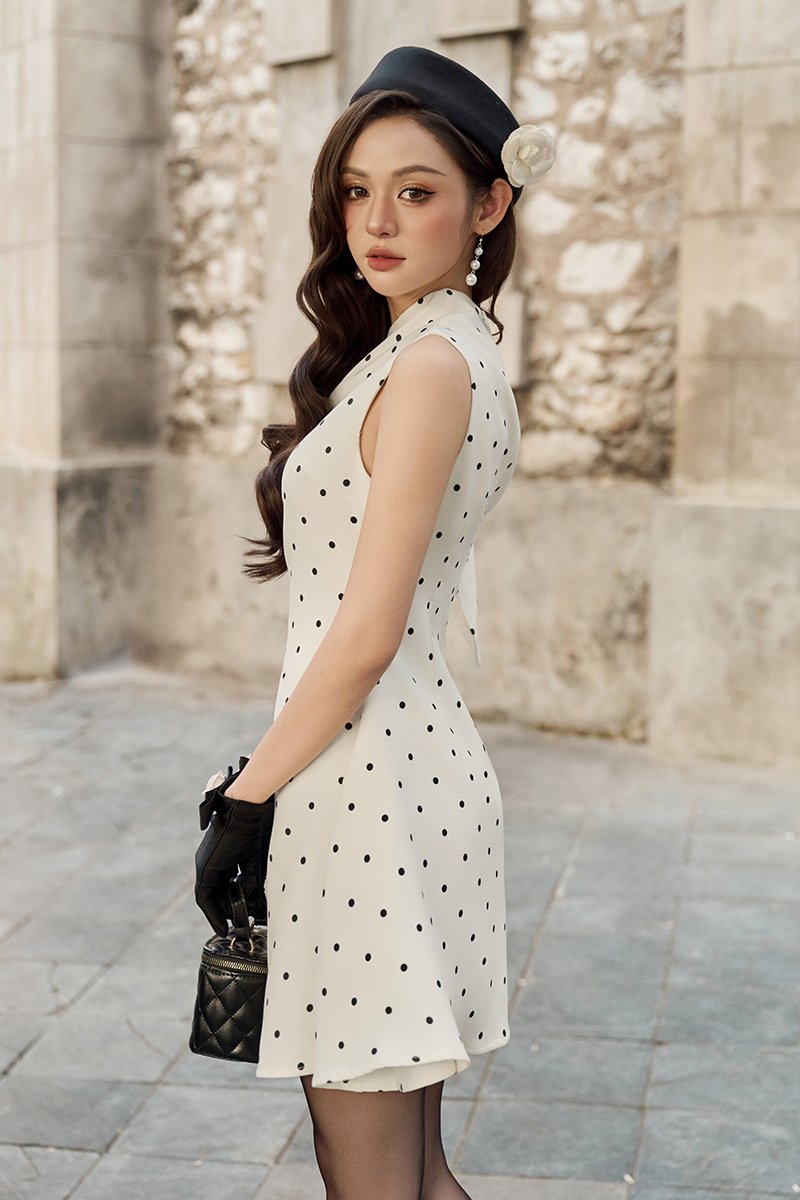 Zelie Padded Asymmetrical Mini Dress in Cream Polka