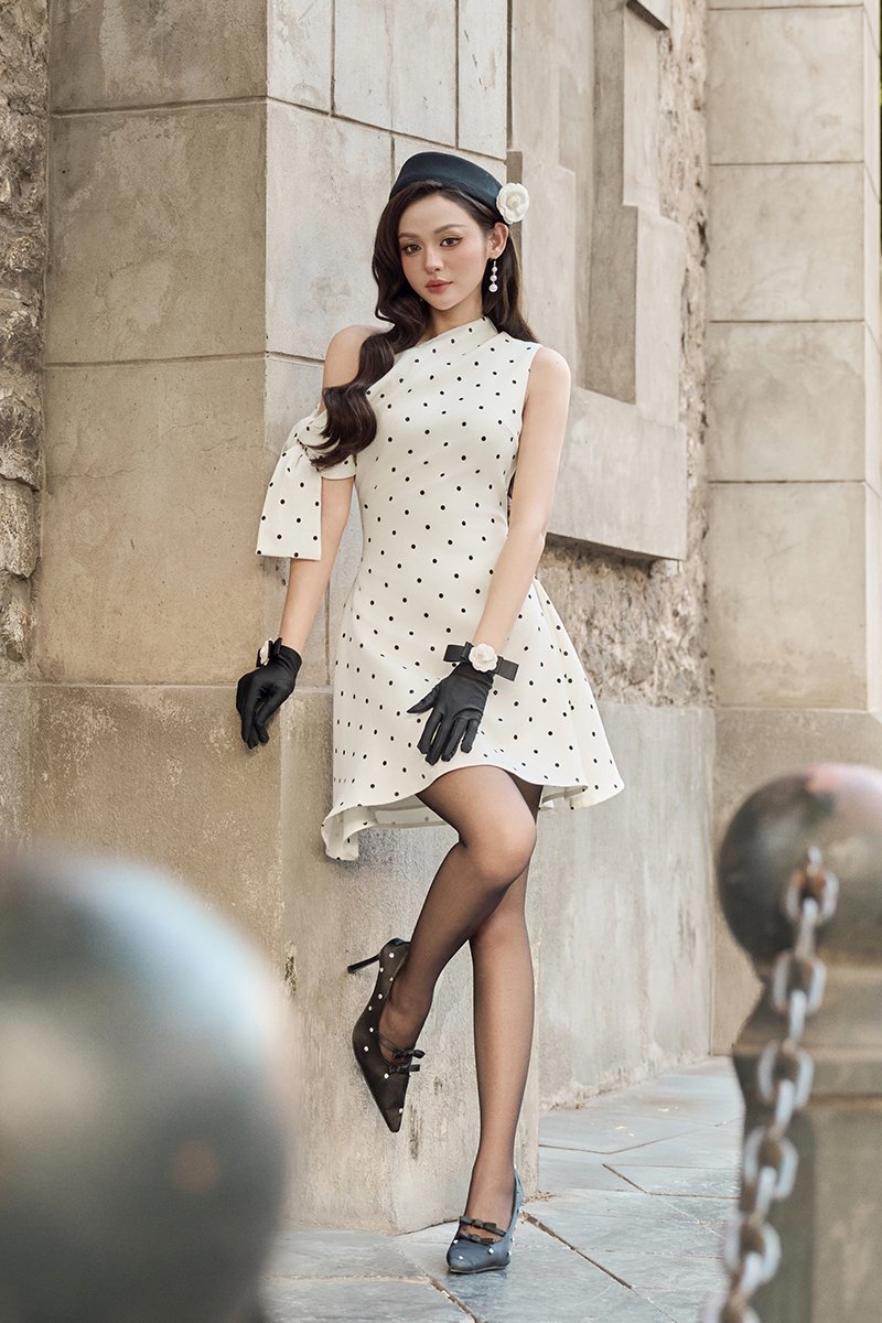 Zelie Padded Asymmetrical Mini Dress in Cream Polka