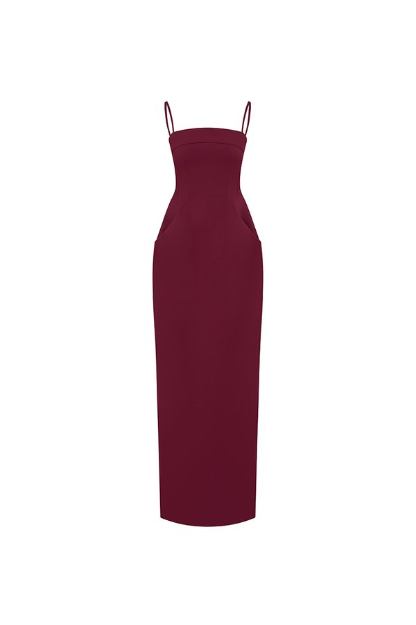 Adèle Padded Column Dress in Wine Red