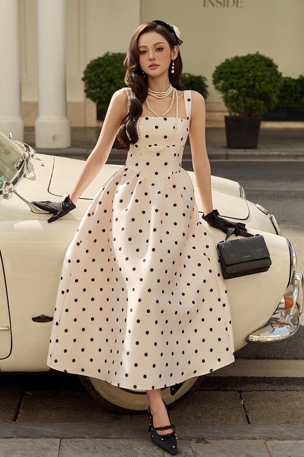 Colette Padded Square Neck Midi Dress in Cream Polka