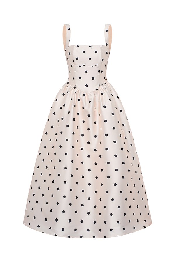 Colette Padded Square Neck Midi Dress in Cream Polka