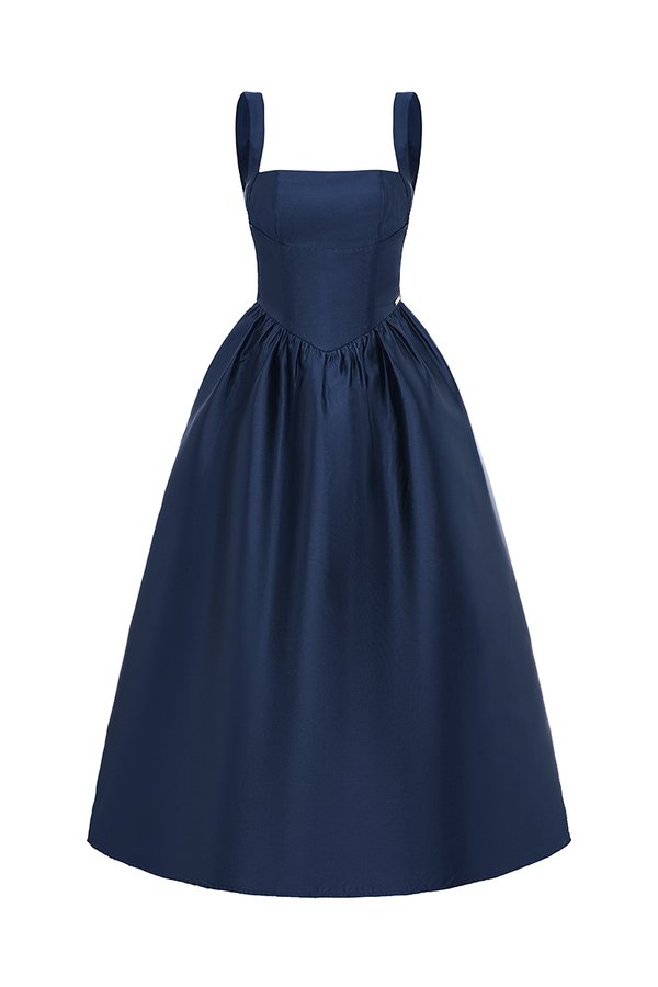 Colette Padded Square Neck Midi Dress in Navy Blue