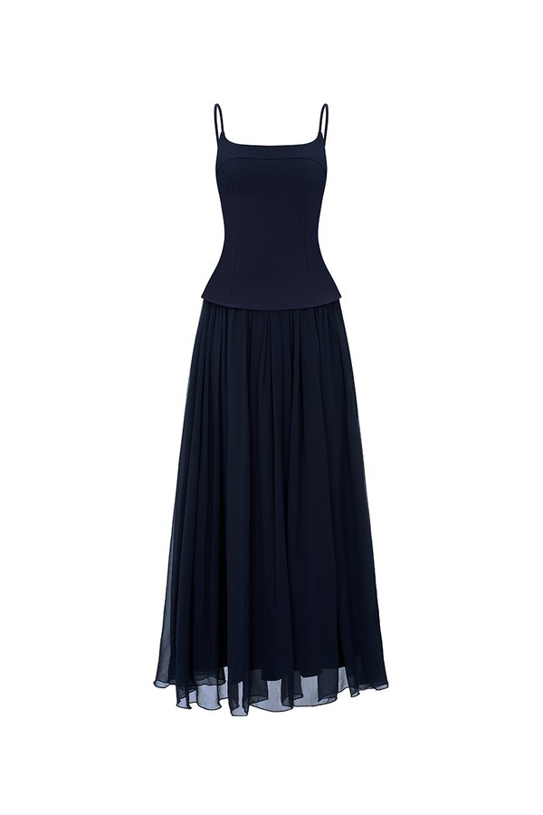 Eleanor Padded Contrast Maxi Dress in Navy Blue