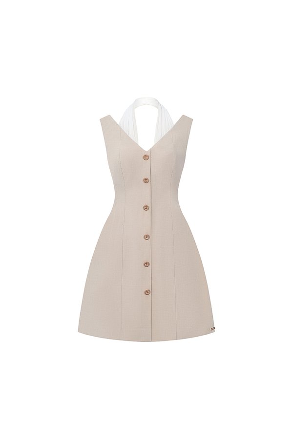 Eugénie Padded Draped Halter Dress in Cream Beige