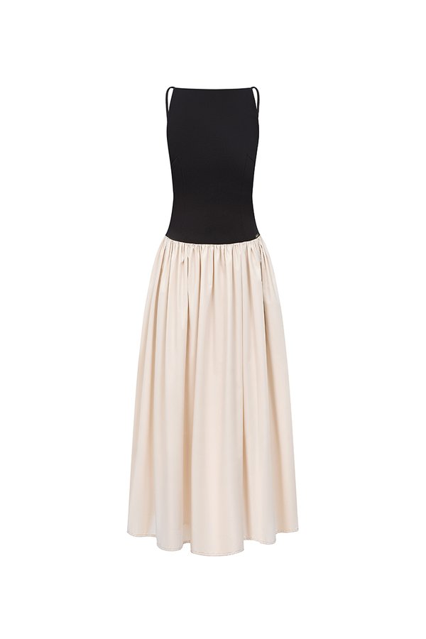 Evelyne Padded Contrast Midi Dress in Black Cream
