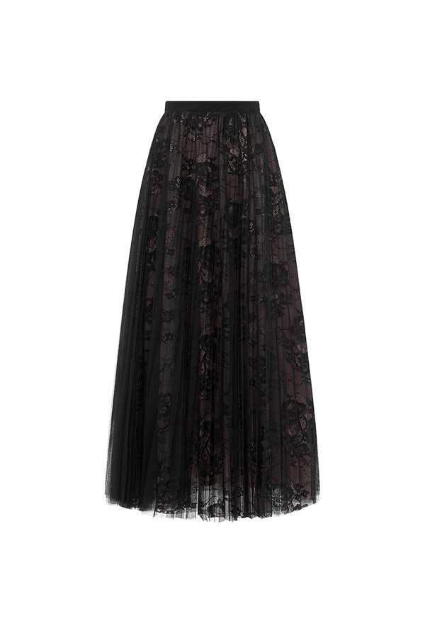 Maelys Pleated Tulle Lace Midi Skirt in Classic Black