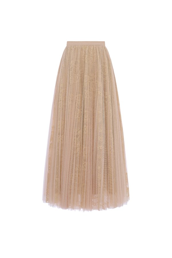 Maelys Pleated Tulle Lace Midi Skirt in Cream Beige