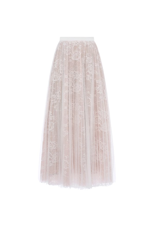 Maelys Pleated Tulle Lace Midi Skirt in Iconic White
