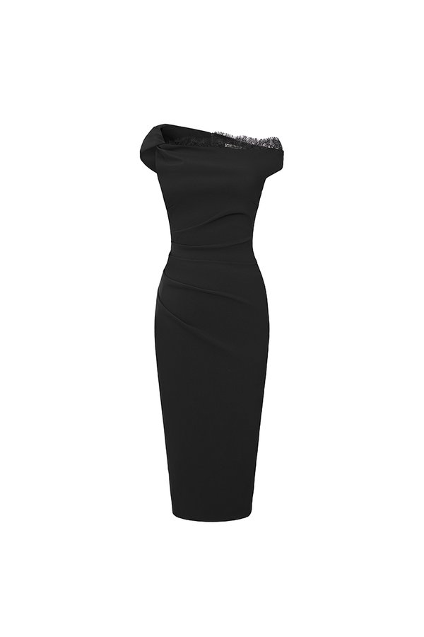 Ysée Padded Asymmetrical Ruched Pencil Dress in Classic Black
