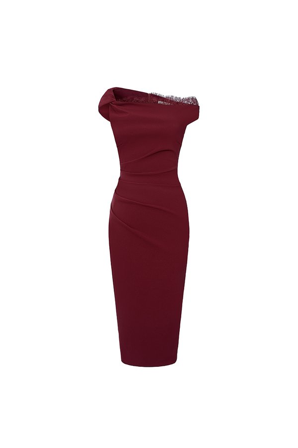 Ysée Padded Asymmetrical Ruched Pencil Dress in Wine Red