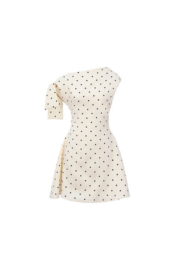 Zelie Padded Asymmetrical Mini Dress in Cream Polka