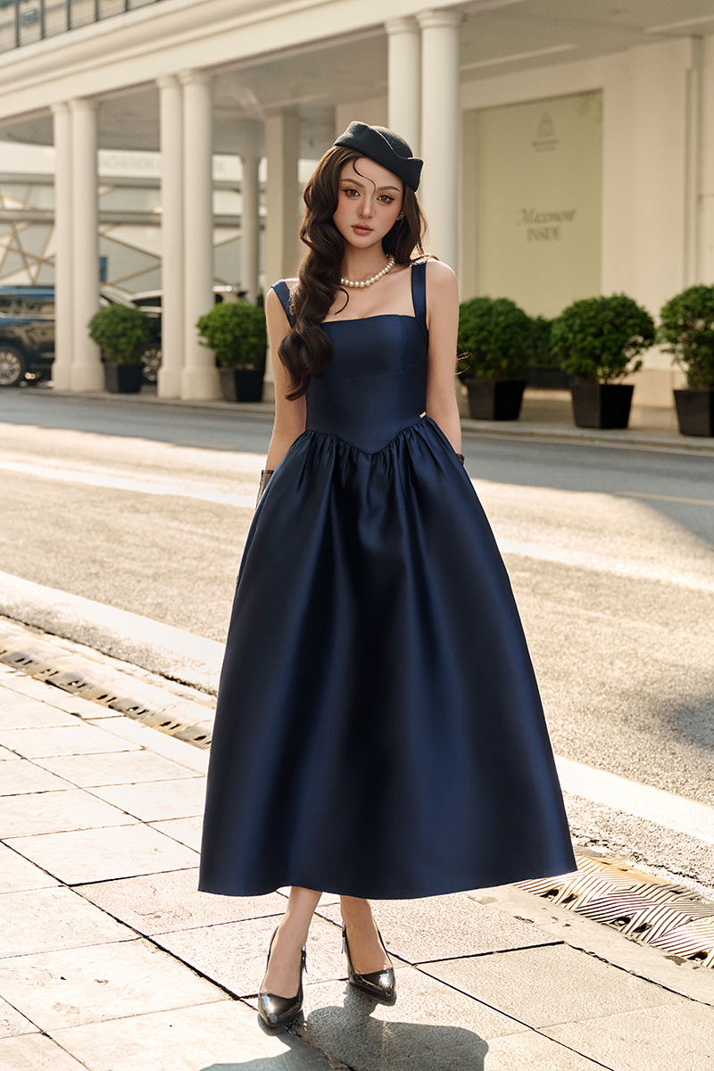 Colette Padded Square Neck Midi Dress in Navy Blue | Chello