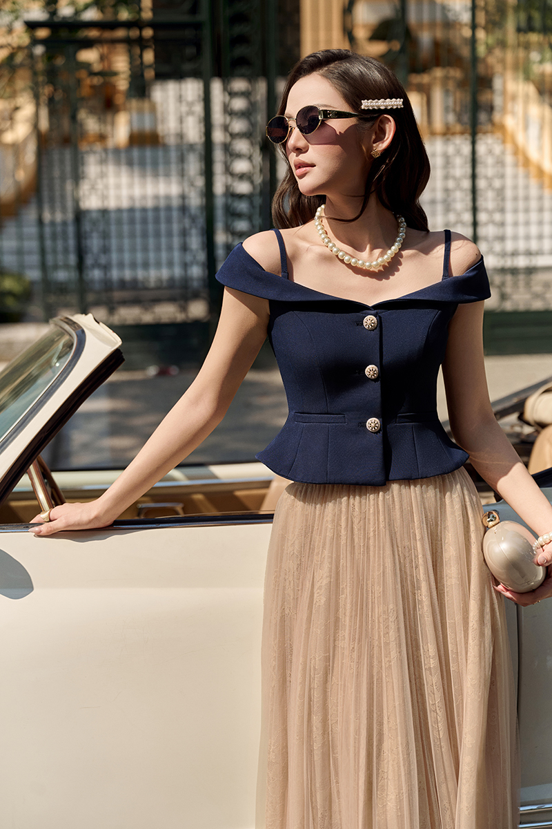 Lou Off Shoulder Peplum Top in Navy Blue | Chello